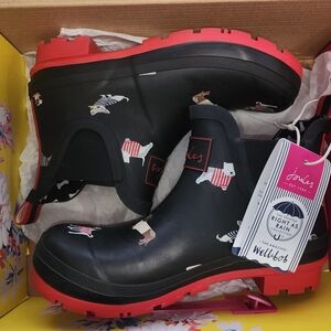 Joules Black and Red Rain Boots with Dog Print
